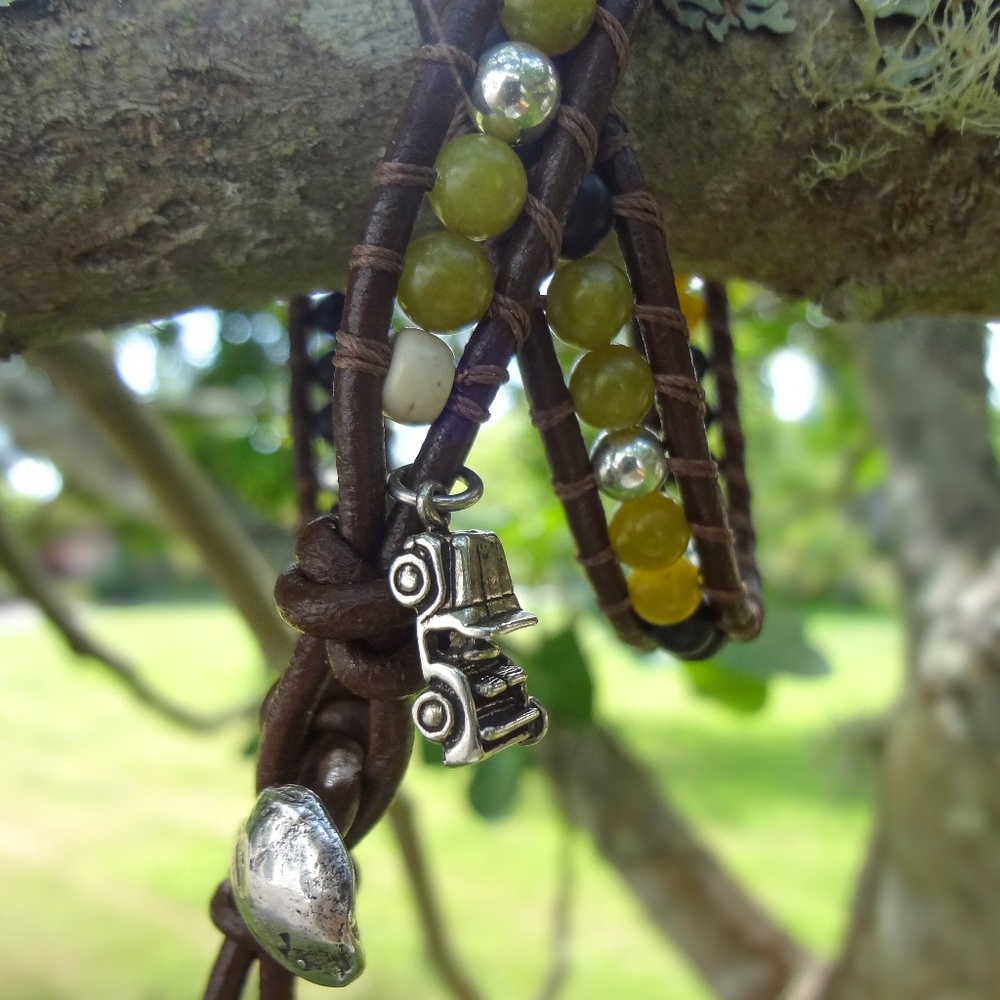 Double Wrap Leather Bracelet w/ Silver Jeep Charm - UNISEX
